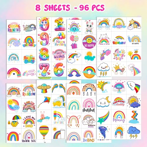 96 PCS Rainbow Temporary Tattoos for Kids, Waterproof Fake Tattoos
