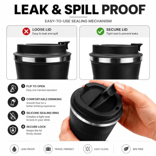 12oz Stainless Steel Travel Mug with Leak Proof Lid - Insulated Coffee Cup for Car & Office