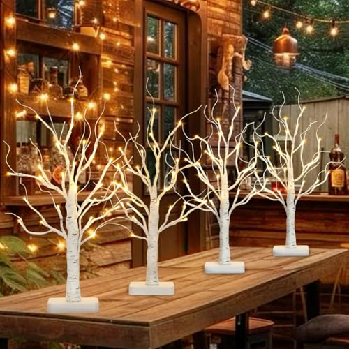 Lighted Birch Tree Decor - 22 Inch White Tabletop Tree with Timer & Battery Powered