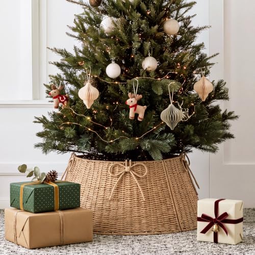 24 Inch Christmas Tree Collar Wicker Stand - Rustic Woven Tree Skirt