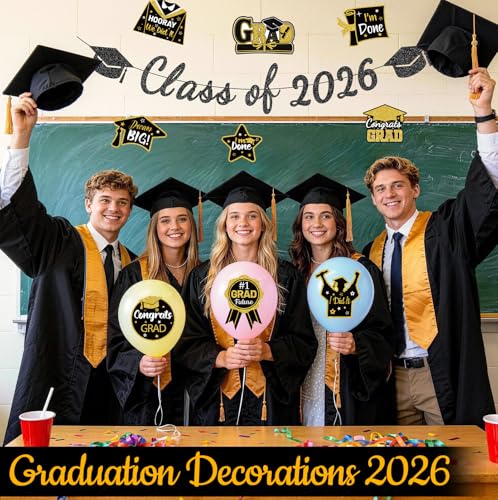 Class of 2026 Graduation Decorations Kit - Black & Gold Banner & Cutouts