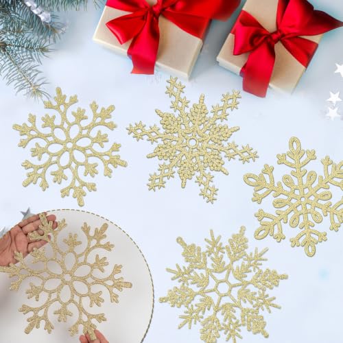 Gold Snowflake Ornaments Set - 12 Large Outdoor Indoor Christmas Decorations