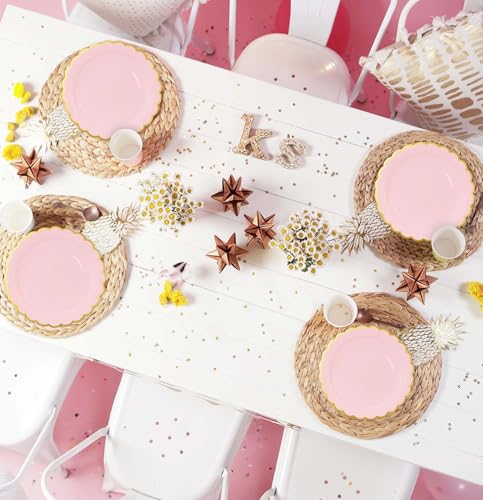 50 Light Pink Scalloped Paper Plates with Gold Foil - 7 Inch Disposable Dinner Plates for Parties