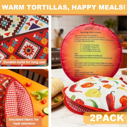 2PCS Premium Tortilla Warmer Pouch, Insulated Microwave Safe Fabric Bag