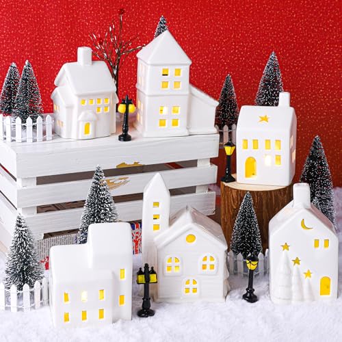 Porcelain Christmas Village Set with 6 Lighted Houses, Trees & Accessories
