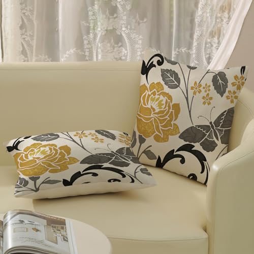 Mustard Yellow Vintage Floral Throw Pillow Covers 22x22" - 2 Pcs
