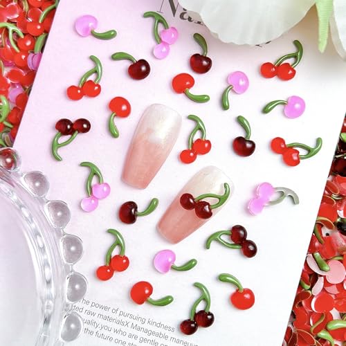 Quezadyl 120PCS 3D Cherry Nail Charms Resin Fruit Nail Gems for DIY Art