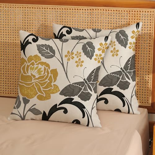 Mustard Yellow Vintage Floral Throw Pillow Covers 22x22" - 2 Pcs