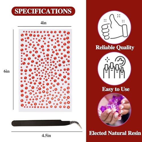 Sokfone Red Self-Adhesive Face Gems Rhinestone Stickers 3 Sheets