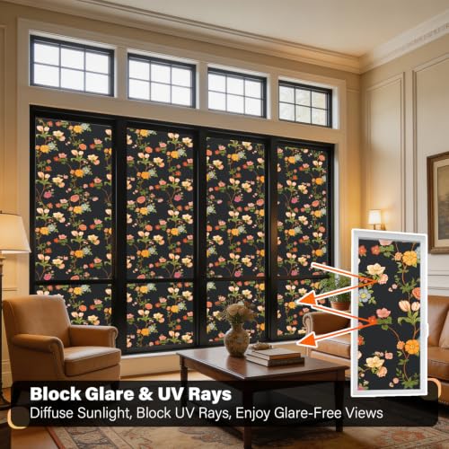 Kromapolis Blackout Window Film, Matte Floral Privacy Tint 17.5″ x 78.7″