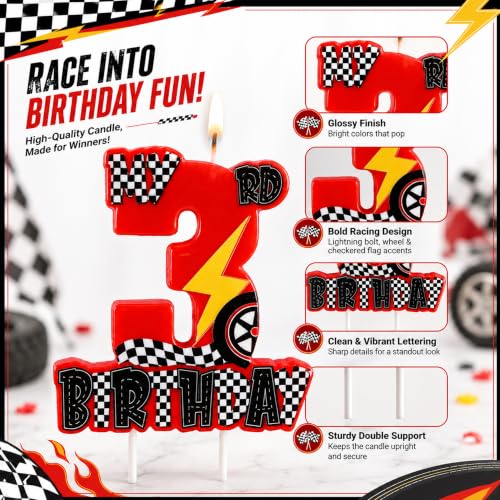 3rd Birthday Race Car Candle - Red Racing Theme Cake Topper
