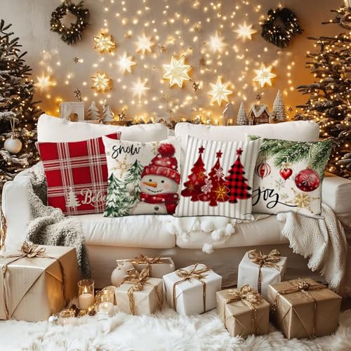 Artmag Christmas Pillow Covers Set of 4 - 18x18 Inch Buffalo Plaid Snowman & Tree
