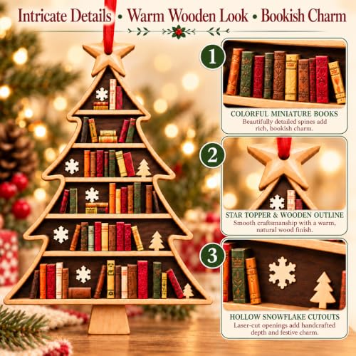Book Lovers Christmas Tree Ornament - Wooden Book Stack with Snowflakes - Book Tree 1