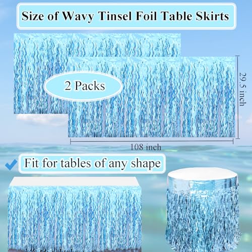 Blue Wavy Tinsel Fringe Table Skirts - 2 Pack, 108 x 29.5 Inches