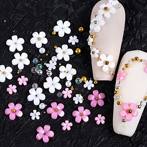 3D Acrylic Flower Nail Charms with Pearls and Rhinestones for DIY Nail Art