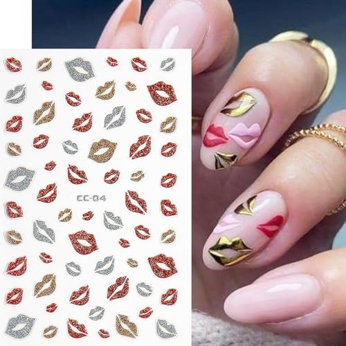 3D Glitter Star Nail Stickers - 6 Sheets Shiny Red Gold Silver Decals