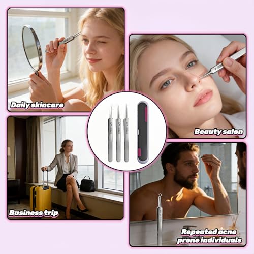 Blackhead Remover Tweezers Set, Stainless Steel Pimple Extractor Tool Kit with Storage Case