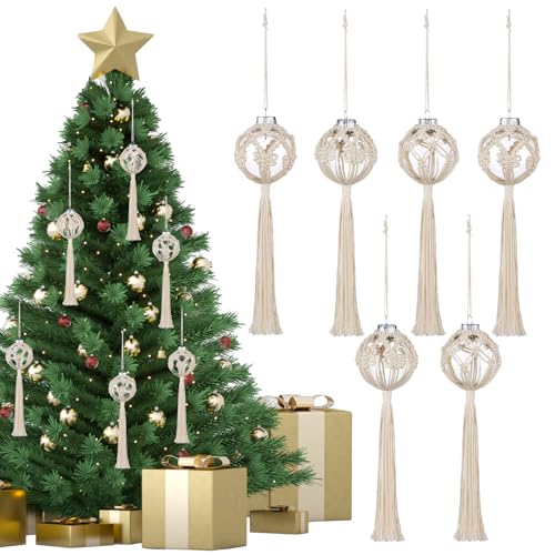 Macrame Christmas Ball Ornaments Snowflake Boho Tree Decoration - White 6 Pack