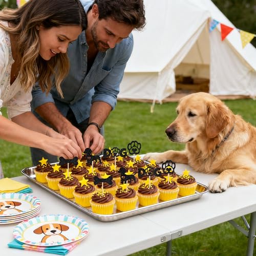 12 Black Glitter Dachshund Cupcake Toppers for Pet Parties