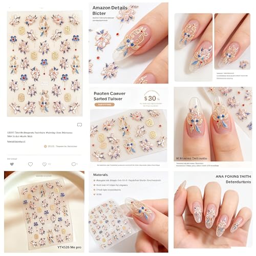 AINIFU Embossed 5D Floral Nail Stickers Gold Flower Decals DIY Manicure