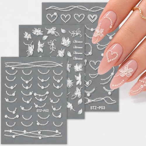TailaiMei Pearl Studded French Tip Nail Stickers White Self-Adhesive Decals