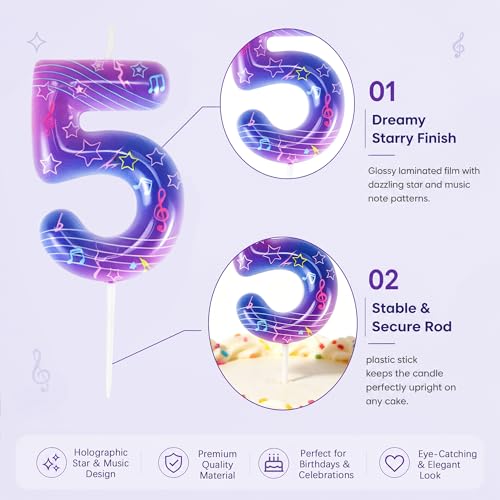Kpop Music Note 5th Birthday Candle – Purple Gradient Cake Topper