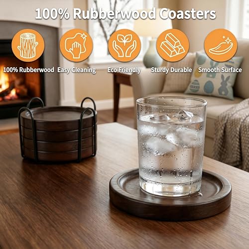 Rubberwood Coasters Set of 4 with Holder - Minimalist Table Decor