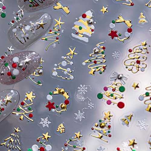 5D Christmas Nail Stickers Gold Tree Wreath Self-Adhesive Winter Decals