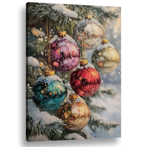 Christmas Tree Canvas Wall Art 12x18 Snow Scene with Baubles - Holiday Decor