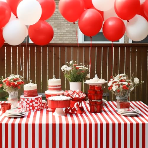NOVWANG Carnival Tablecloth - Red and White Stripe Plastic Cover, 4 Pack