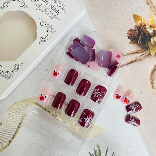 Christmas Press on Nails Short Square False Nails with Snowflake Design