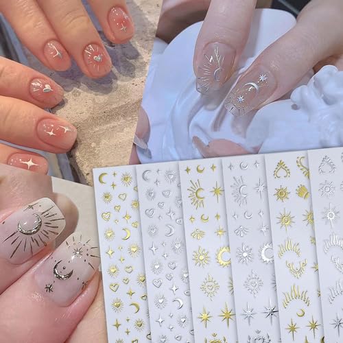 Star Moon Sun 3D Nail Art Stickers Decals Gold Silver 6 Sheets