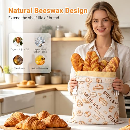 Senbowe Reusable Beeswax Bread Bags 17x13 Inch XL - Beige & Grey, Large Linen Storage with Zipper for Sourdough & Homemade Bread