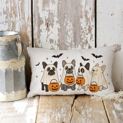 Halloween Pillow Cover 12x20 Inch Beige French Bulldogs with Ghosts