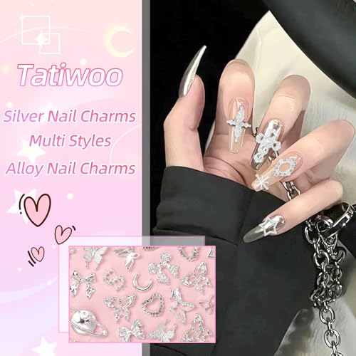 240Pcs 3D Silver Nail Charms Mixed Alloy Bows Star Butterfly Y2K DIY