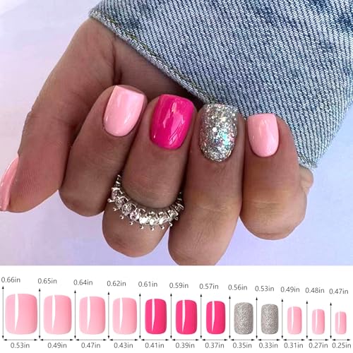 EternalClassic Short Square Press on Nails Kit - 96 Pcs Glossy Acrylic Fake Nails with Glitter Designs
