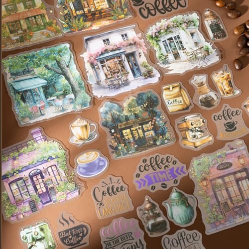 TIAMECH Cafe Coffee PET Stickers 150 Pcs Waterproof Journaling Ephemera