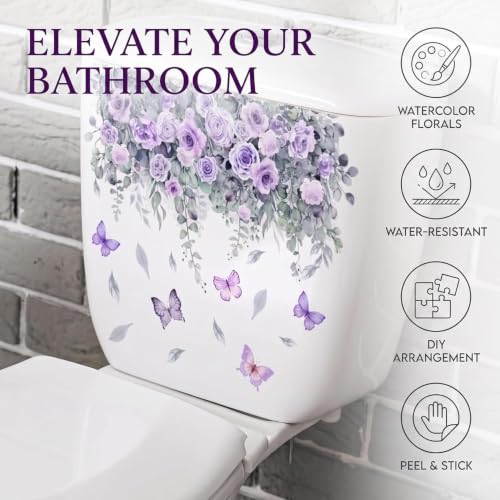 Purple Rose & Butterfly Bathroom Stickers - Waterproof Removable Decals