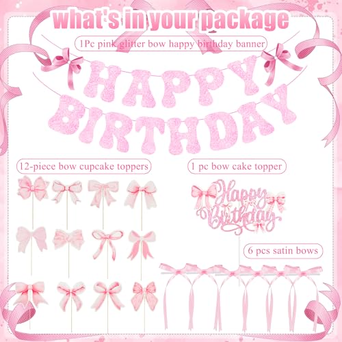 Pink Bow Birthday Decorations Set - 20Pcs Cake & Cupcake Toppers