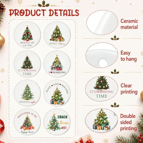 Christmas Mahjong Ornament Set - 8 Ceramic Holiday Decorations for Tree