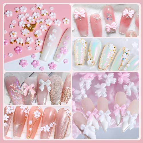 Qdsuh 3D Flower and Bow Nail Charms with Acrylic Gems and Pearls