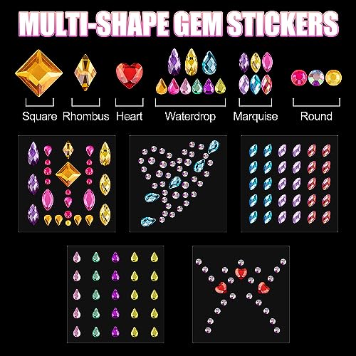BELLEBOOST 12 Sheets Face Gem Stickers Set with Rhinestones and Makeup Glue
