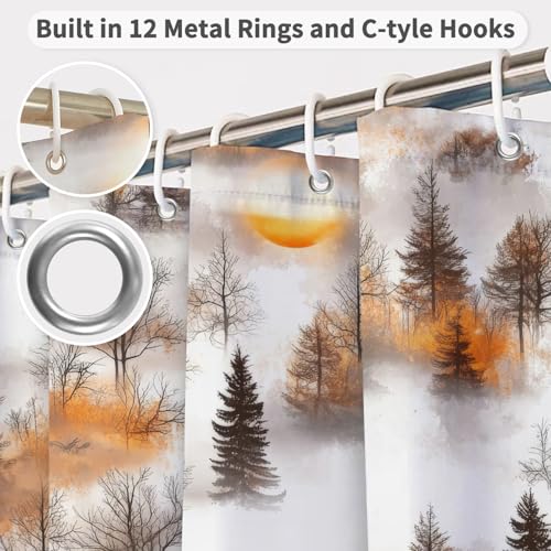 Misty Autumn Forest Shower Curtain with Hooks, 71x74 Inches - Waterproof Fabric for Rustic Bathroom Decor