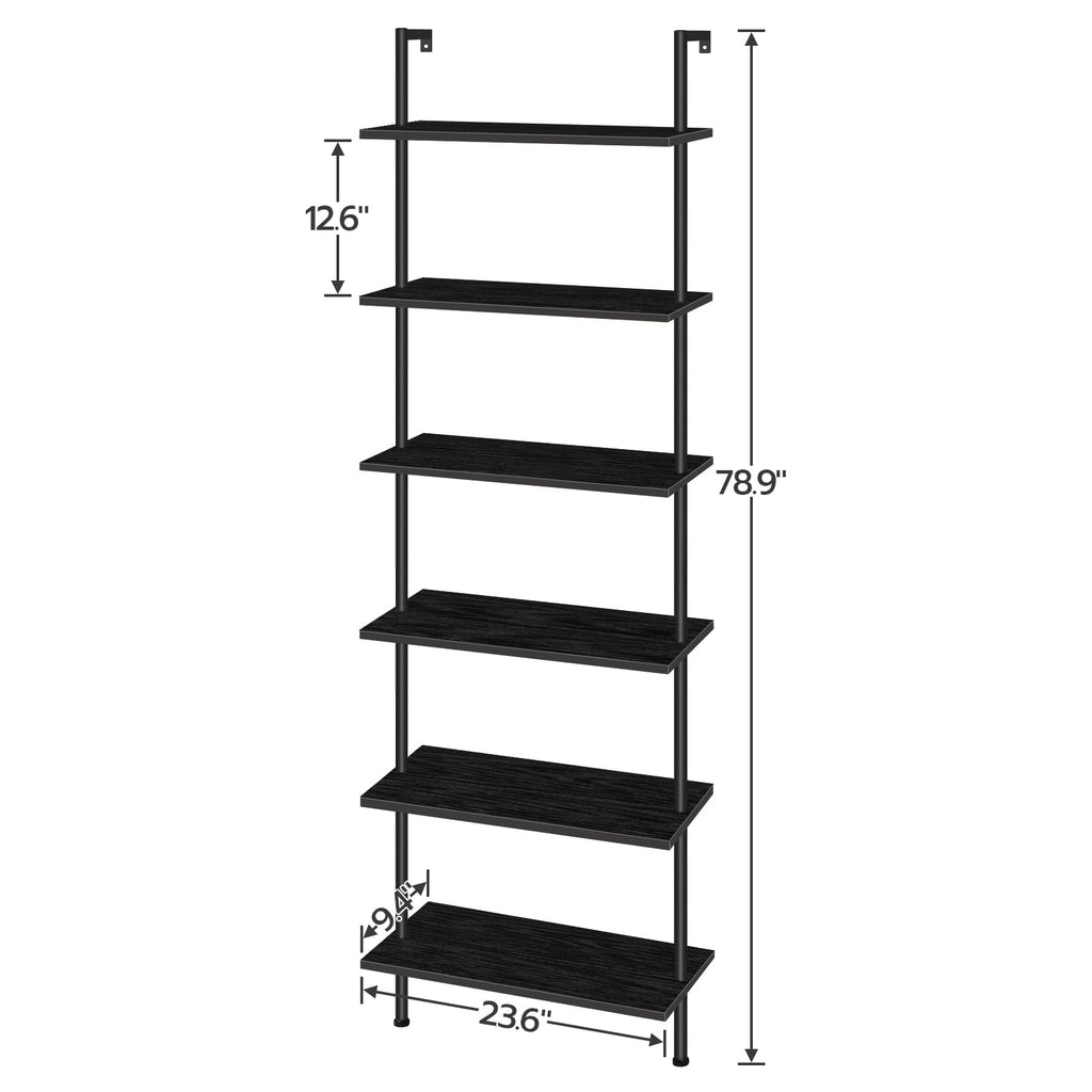 HOOBRO DIY Ladder Shelf, 6-Tier Wall Mounted Bookshelf, Office Vertical Bookcase, Wooden Storage Shelves for Home Office, Bedroom, Black BB65CJ01