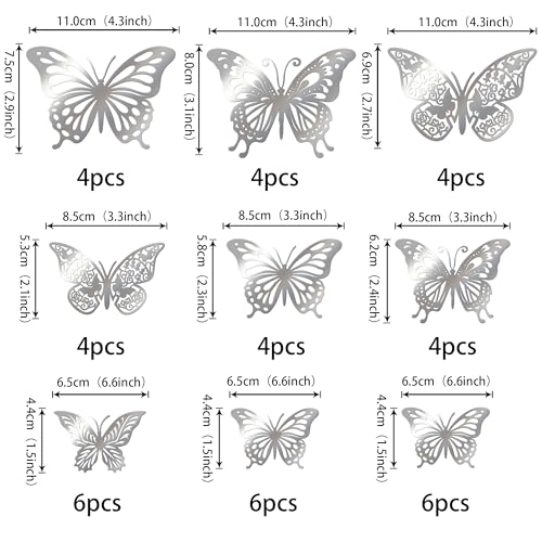 Silver Butterfly Cupcake Toppers 42 Pack 3D Metallic Cake Decorations