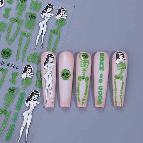 TailaiMei Glow in the Dark Halloween Nail Stickers Skeleton Bones Decals