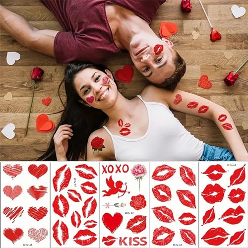 Valentines Day Temporary Tattoos - 10 Sheets Red Heart Lip Fake Tattoos