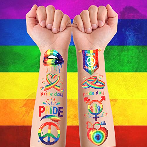 Qpout 48 PCS Glitter Rainbow Temporary Tattoos Waterproof Pride Stickers