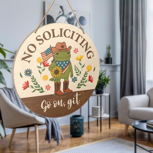Funny Frog No Soliciting Sign - L Size Rustic Wood Hanging Door Plaque