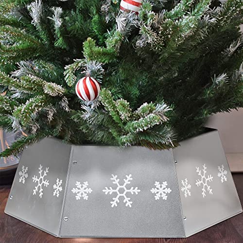 Metal Christmas Tree Ring with Snowflake Print - Silver Tree Collar Stand, 26.6-inch